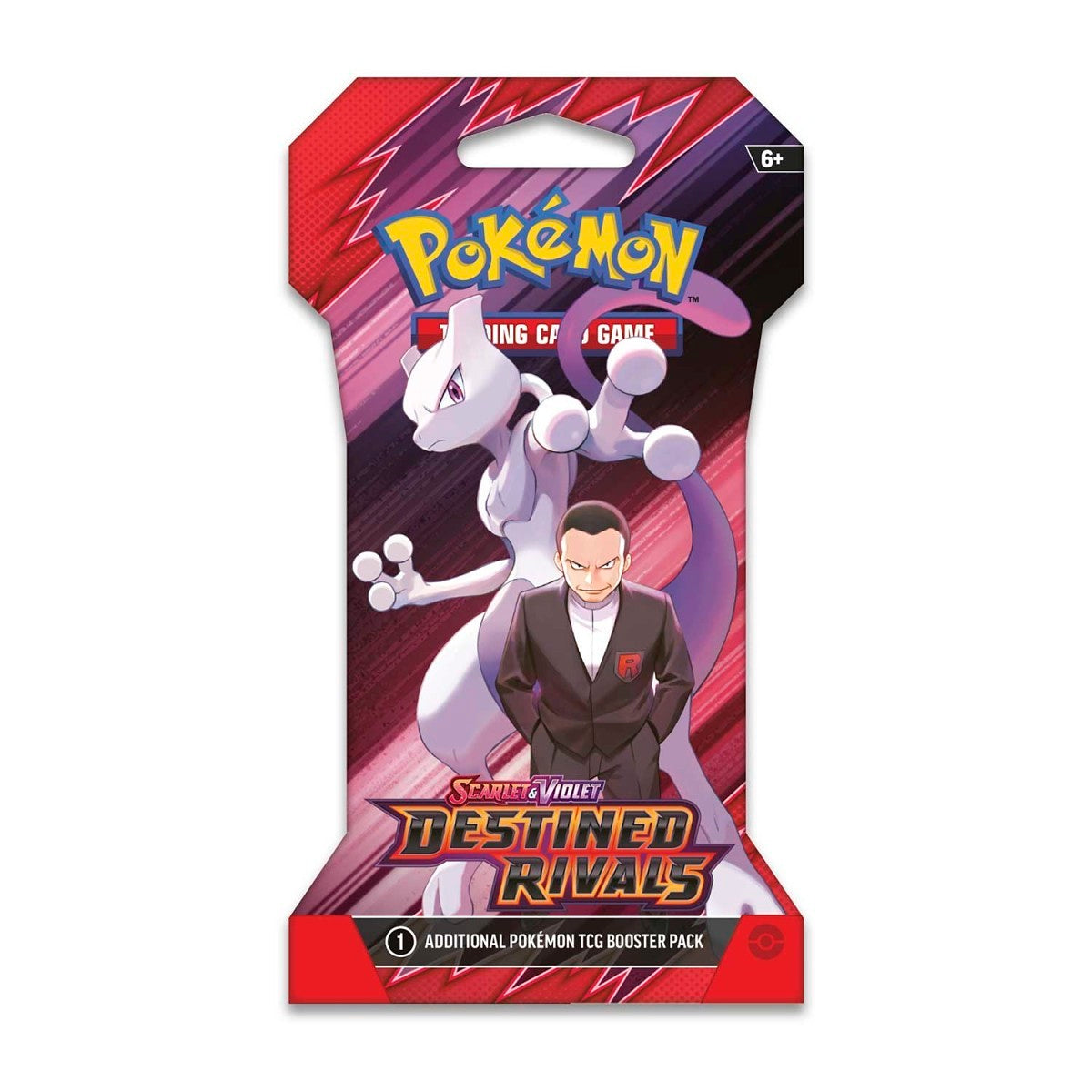 Pokémon trading card game booster pack with Mewtwo and a person in a suit on a red and purple background.